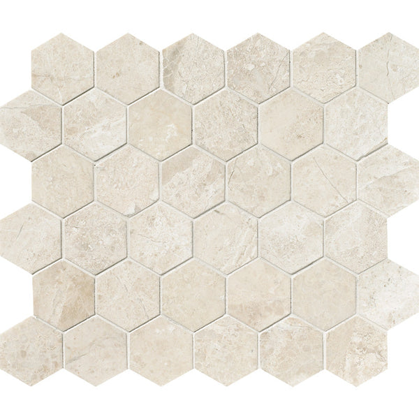 Royal Beige Marble 2x2 Hexagon Honed Marble Mosaic Tile.