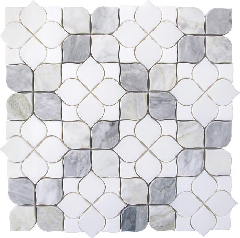 EMILIA Casentinesi Calacatta Bluette, PAPER WHITE Thassos White Mosaic Tile.