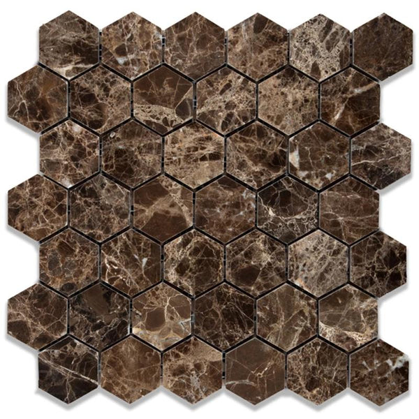 Emperador Dark Spanish Marble 2x2 Hexagon Polished Mosaic Tile.