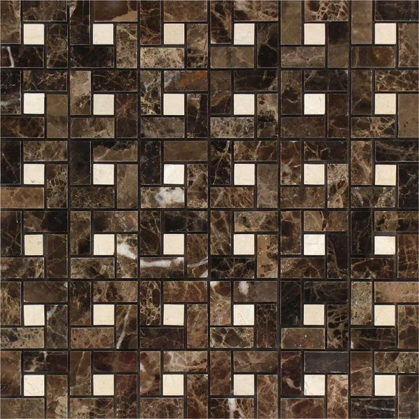 Emperador Dark Spanish Marble Pinwheel w/Crema Marfil dots Polished Mosaic Tile.