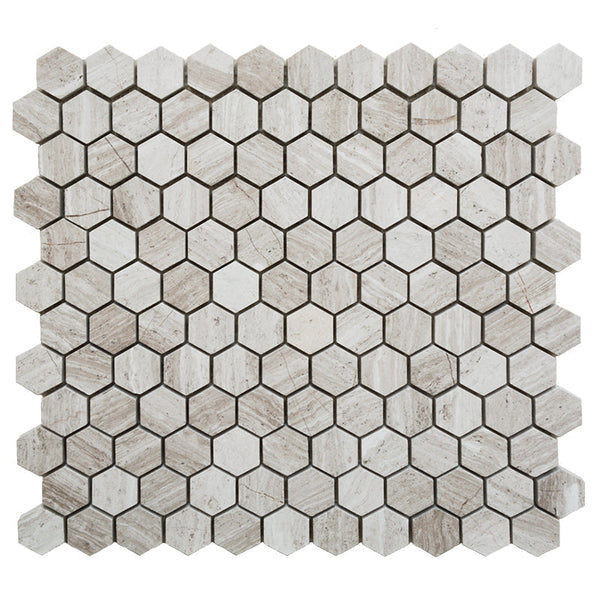 Haisa Light (White Oak) Marble 1x1 Hexagon Honed Mosaic Tile.