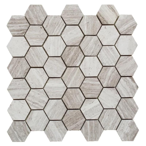 Haisa Light (White Oak) Marble 2x2 Hexagon Honed Mosaic Tile.