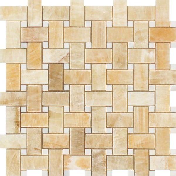 Honey Onyx Basketweave White Dots Polished Mosaic Tile.