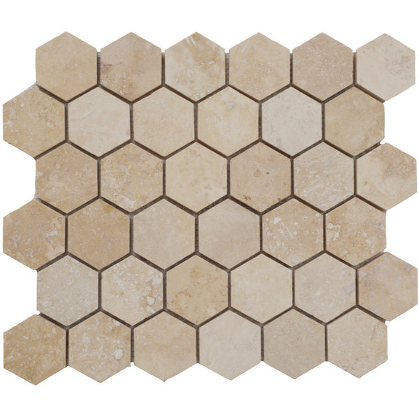 Ivory Travertine 2x2 Hexagon Honed Mosaic Tile.
