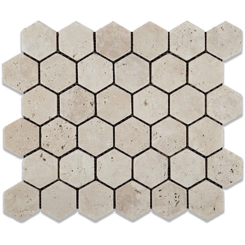 Ivory Travertine 2x2 Hexagon Tumbled Mosaic Tile.