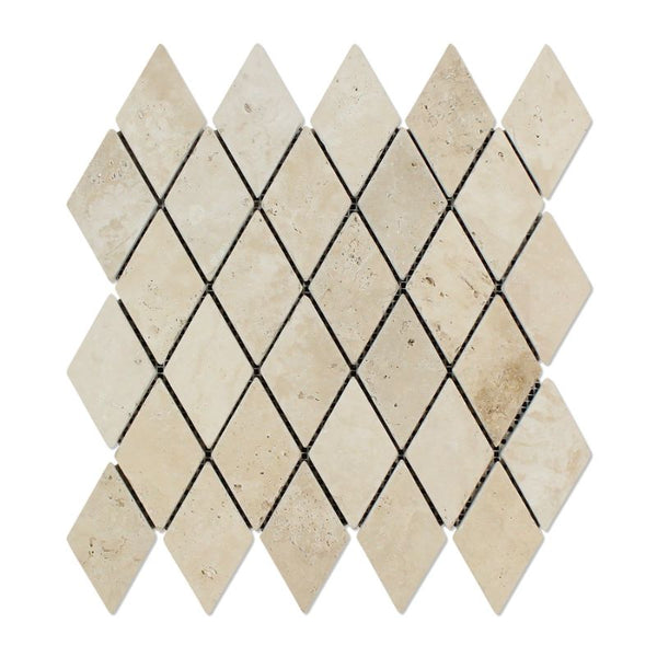 Ivory Travertine 2x4 Diamond Tumbled Mosaic Tile.