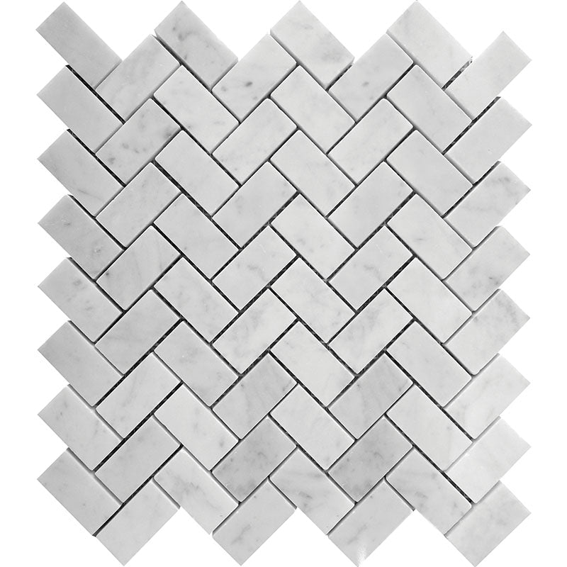 Marbella Carrara 1x2 Herringbone Polished Bianco Carrara Mosaic Tile.