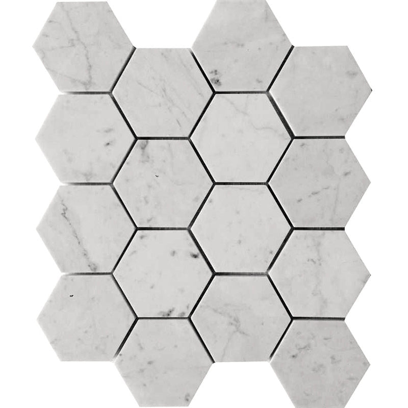 Marbella Carrarra Hex 3x3 Honed Bianco Carrara Mosaic Tile.