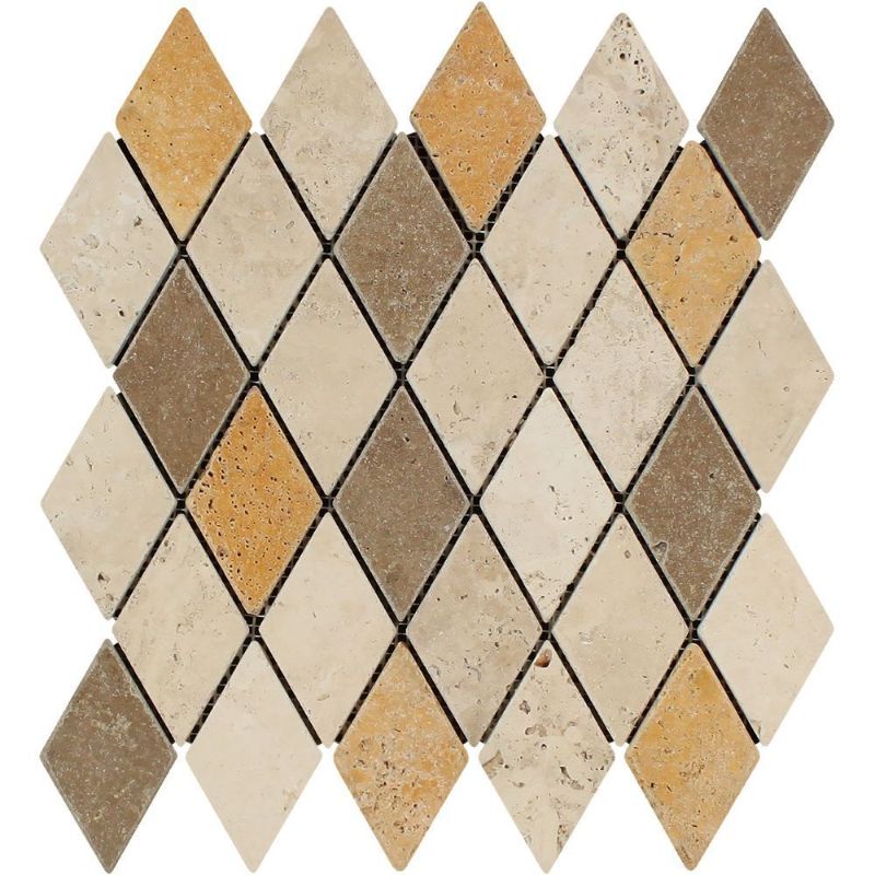 Mixed Travertine 2x4 Diamond Tumbled Mosaic Tile.