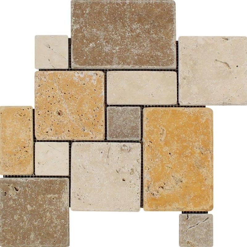 Mixed Travertine Opus Mini Pattern Tumbled Mosaic Tile.