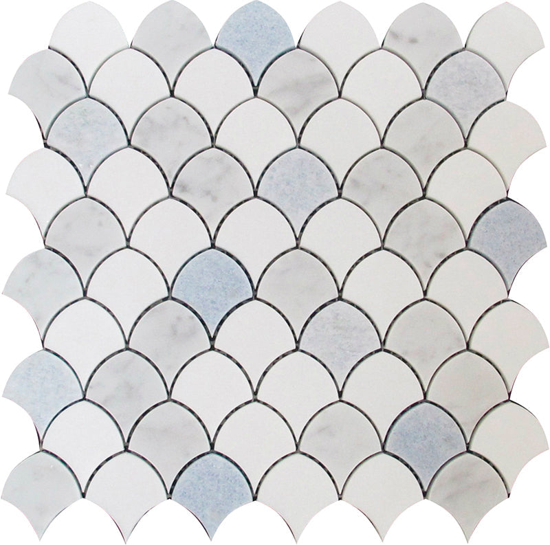 MYKONOS HOULAKIA Thassos/Carrara/Blue Celeste Mosaic Tile.