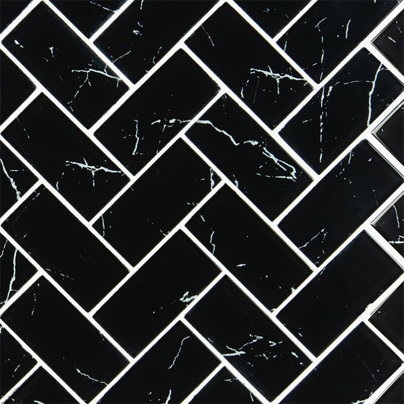 Nero Marquina 2x4 Herringbone Glass Mosaic Tile.