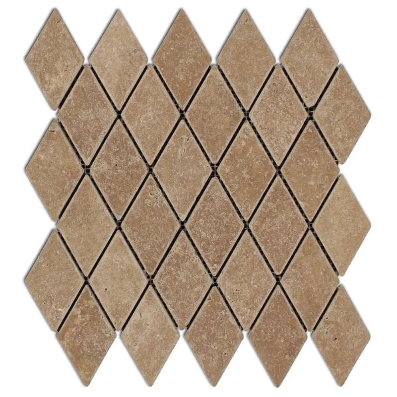 Noce Travertine 2x4 Tumbled Diamond Mosaic Tile.