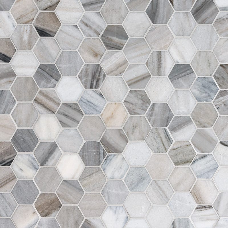 Olympus Cream Marble 2x2 Hexagon Honed Marble Mosaic Tile.
