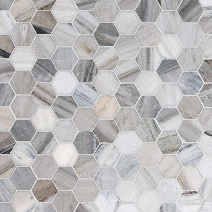 Olympus Cream Marble 2x2 Hexagon Polished Marble Mosaic Tile.
