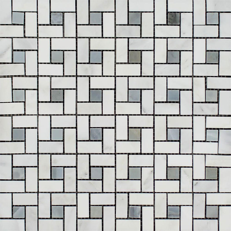 Oriental White Polished Marble Mini Pinwheel Mosaic Tile w/ Blue-Gray Dots.