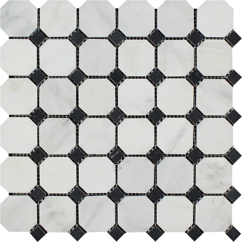 Oriental White Polished Marble Octagon Mosaic Tile w/ Black Dots.