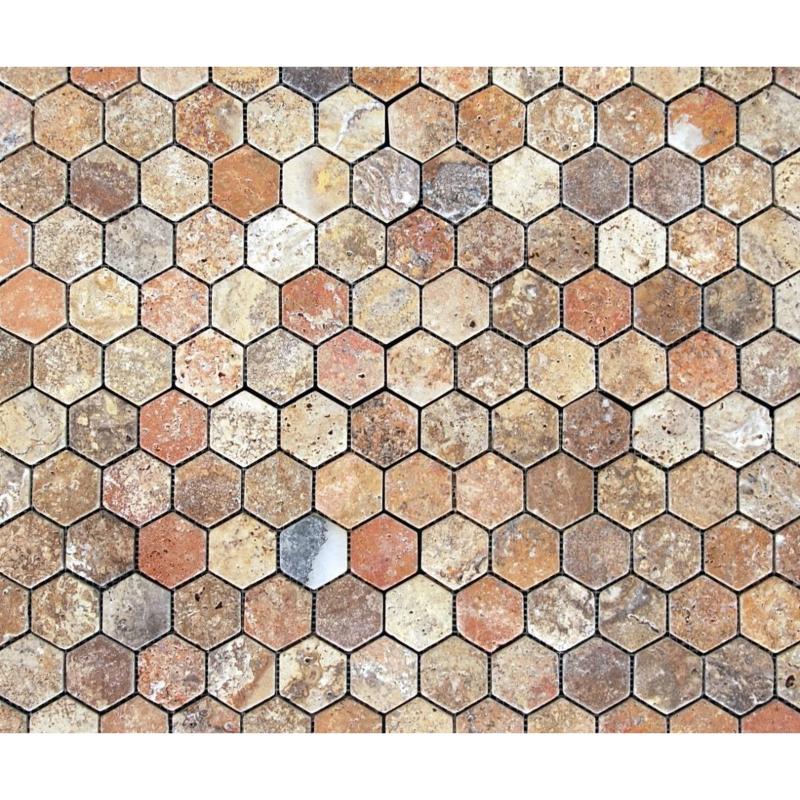 Scabos Travertine 2x2 Hexagon Tumbled Mosaic Tile.