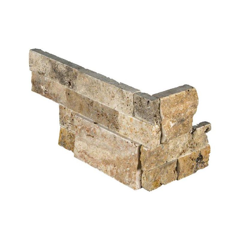 Scabos Travertine 6x18 Split Face Stacked Stone Ledger Corner.