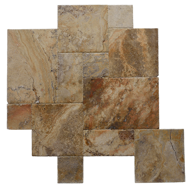 Scabos Travertine Unfilled Brushed and Chiseled Versailles Pattern Tile.