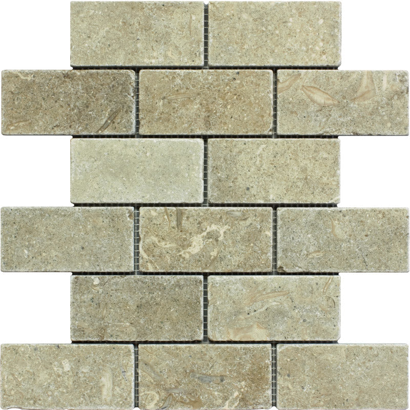 Seagrass Limestone 2x4 Tumbled Mosaic Tile.