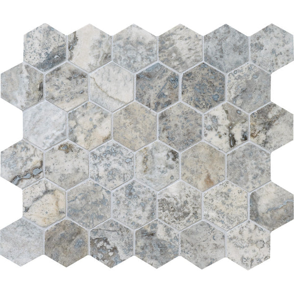 Silver Travertine 2x2 Hexagon Honed Mosaic Tile.