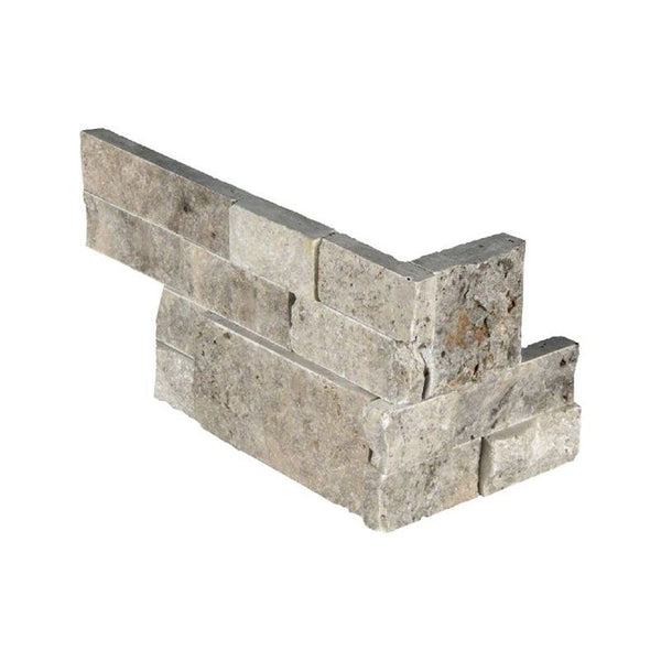 Silver Travertine 6x18 Split Face Stacked Stone Ledger Corner.