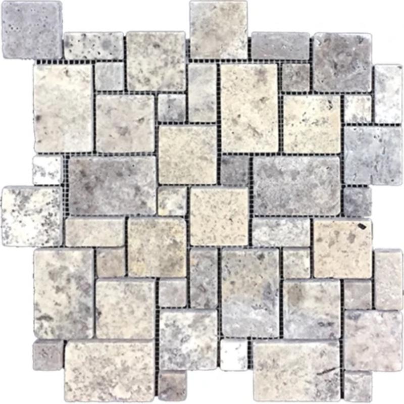 Silver Travertine Micro Mini Pattern Tumbled Mosaic Tile.