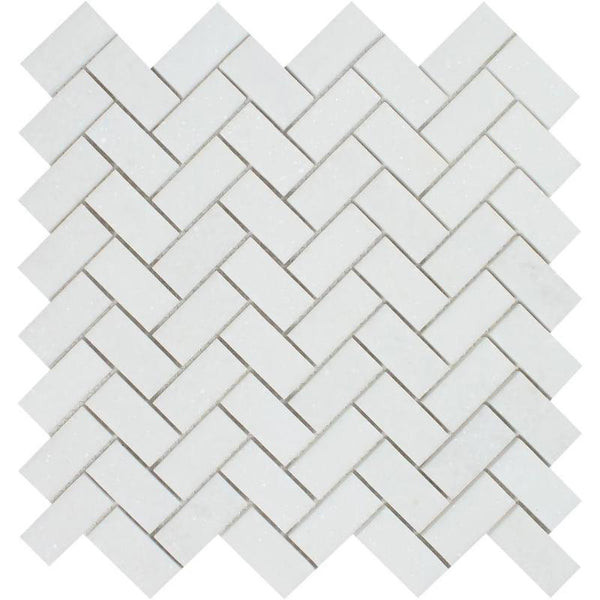 Thassos White Marble 1x2 Herringbone Polished Mosaic Tile.