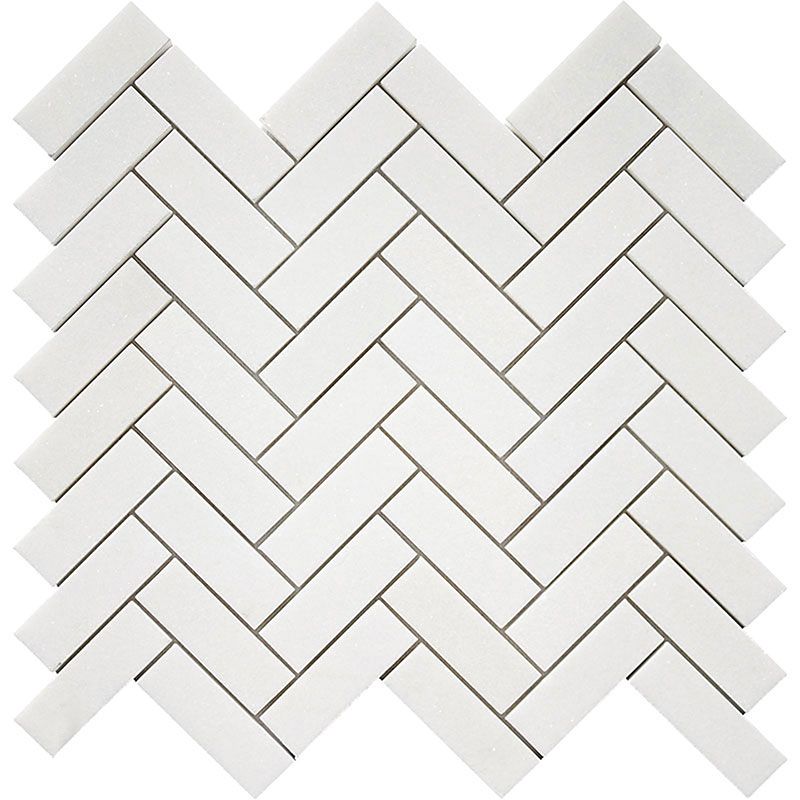 Thassos White Marble 1x3 Herringbone Honed Mosaic Tile.
