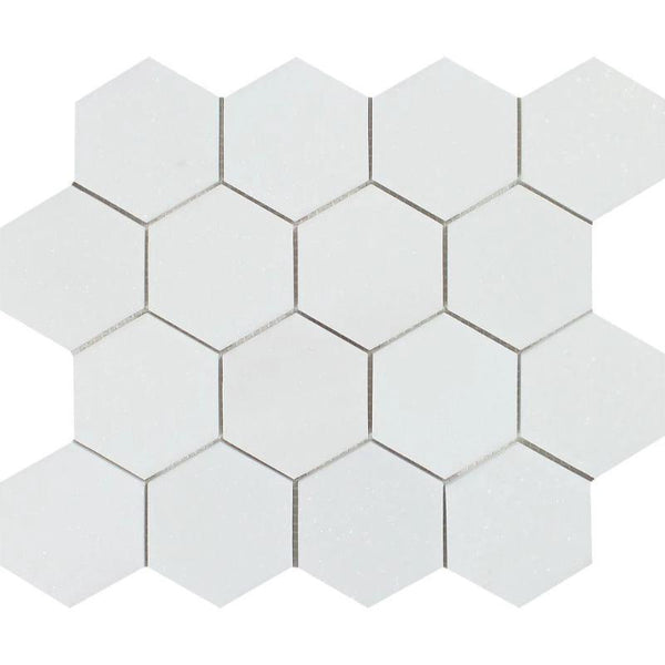 Thassos White Marble 3x3 Hexagon Honed Mosaic Tile.