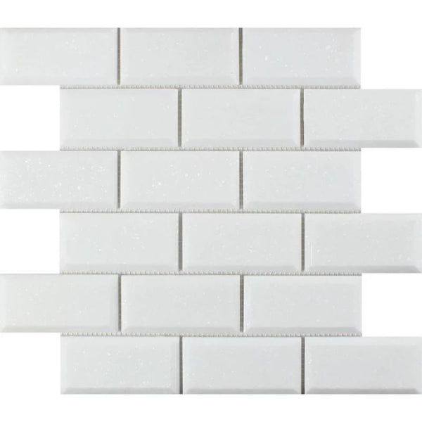 Thassos White Marble Deep-Beveled 2x4 Honed Mosaic Tile.