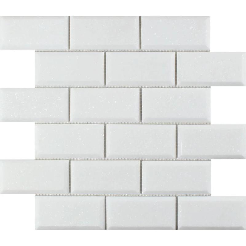 Thassos White Marble Deep-Beveled 2x4 Polished Mosaic Tile.