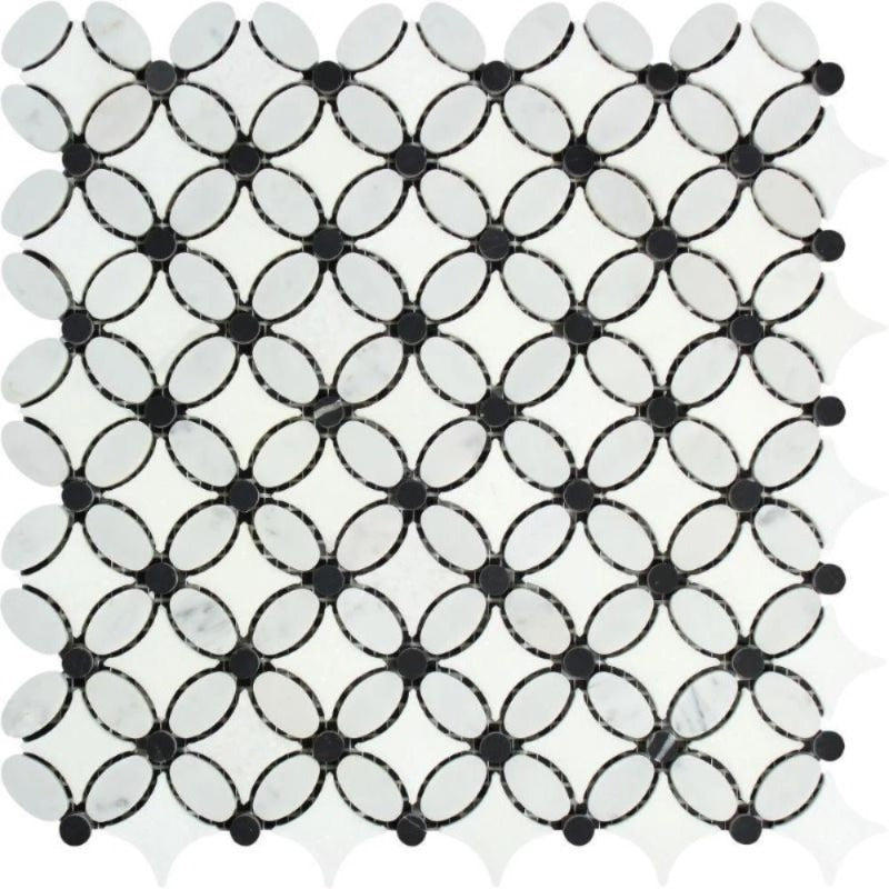 Thassos White Marble Florida Flower Polished Mosaic Tile w/Black Dots.