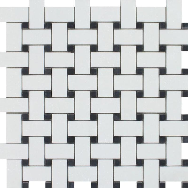Thassos White Marble Honed Basketweave with Black Dots Mosaic Tile.