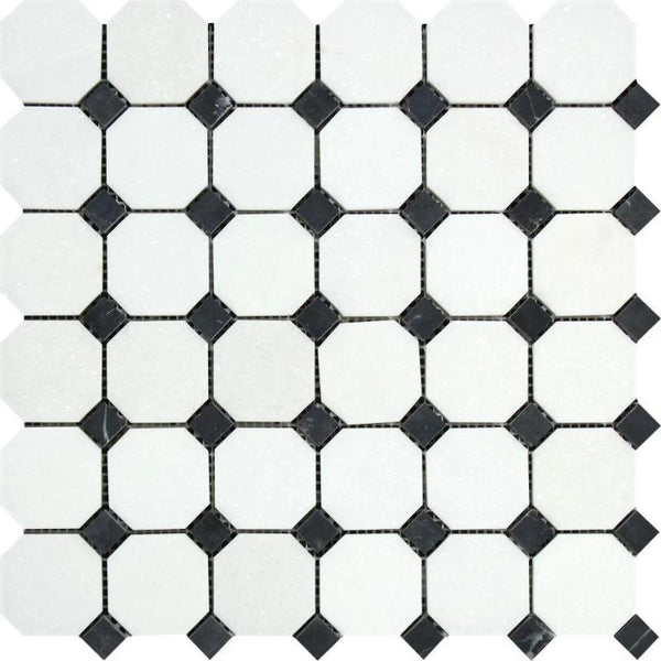 Thassos White Marble Octagon with Black Dots Polished Mosaic Tile.