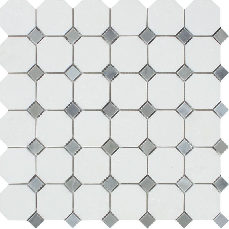 Thassos White Marble Octagon with Blue Dots Honed Mosaic Tile.