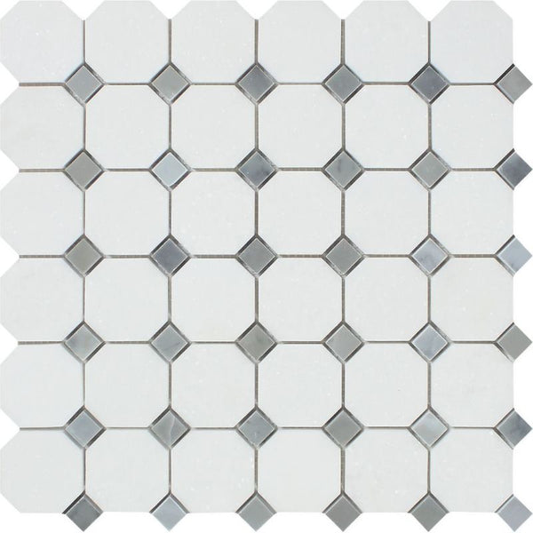 Thassos White Marble Octagon with Blue Dots Polished Mosaic Tile.