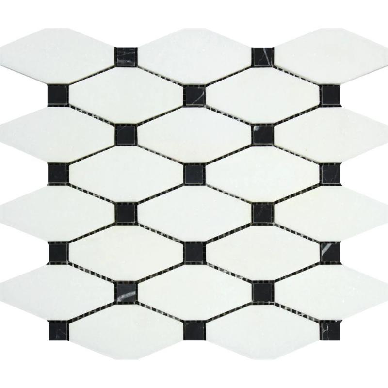 Thassos White Marble Octave with Black Dots Honed Mosaic Tile.