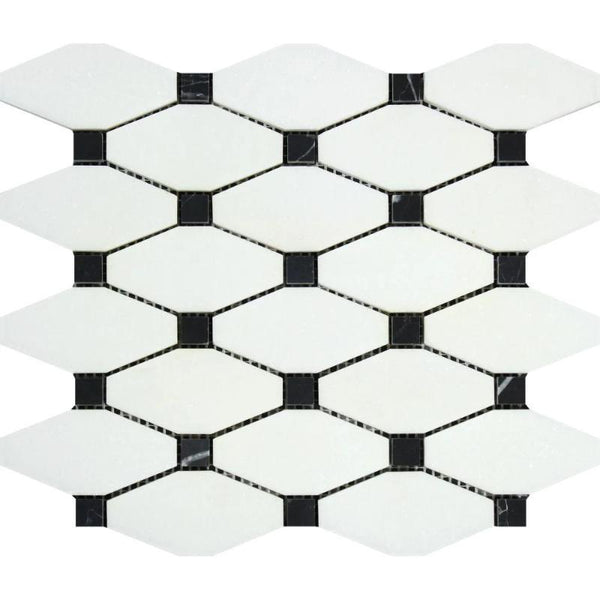 Thassos White Marble Octave with Black Dots Polished Mosaic Tile.