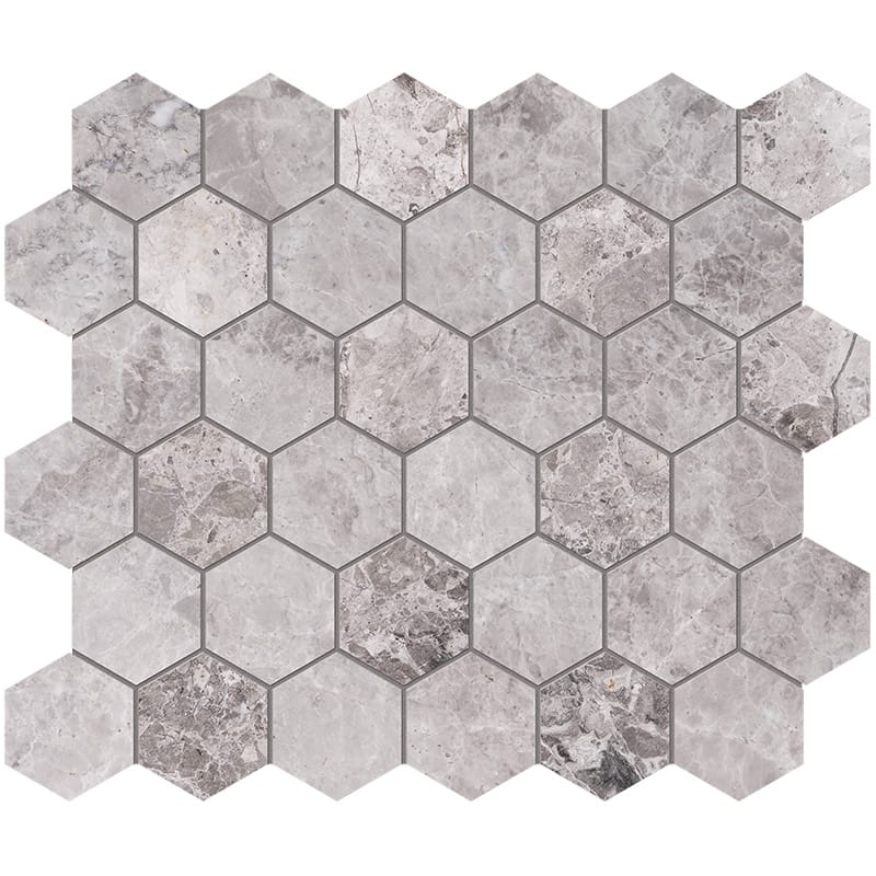 Tundra Gray Marble 2x2 Hexagon Polished Mosaic Tile.