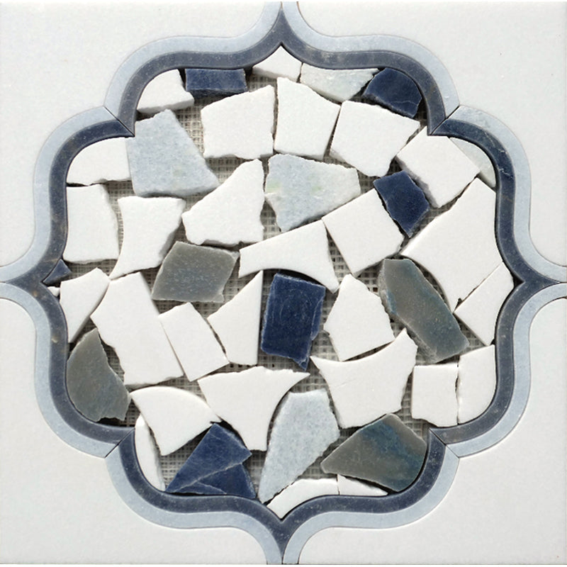 WATERJET CARNABY BLUE Thassos, Azul Macaubas, Blue Celeste Mosaic Tile.