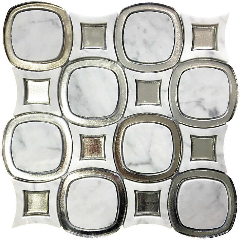 Waterjet Shape 5 Bianco Carrara, Glass Mosaic Tile.