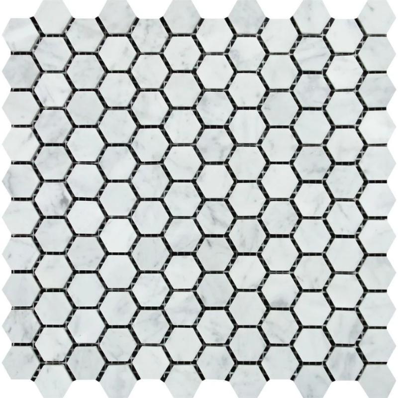 White Carrara Marble 1x1 Hexagon Honed Mosaic Tile.