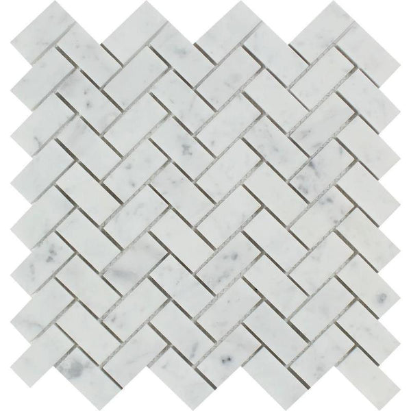White Carrara Marble 1x2 Herringbone Honed Mosaic Tile.