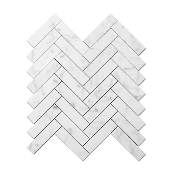 White Carrara Marble 1x4 Herringbone Polished Mosaic Tile.