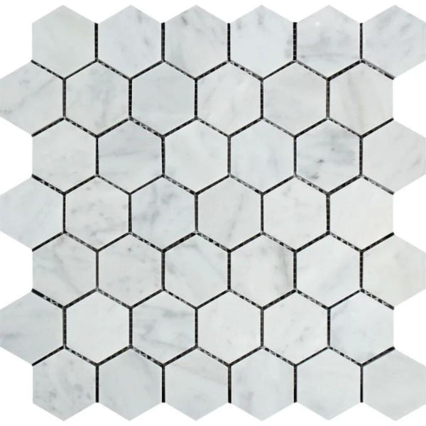 White Carrara Marble 2x2 Hexagon Honed Mosaic Tile.