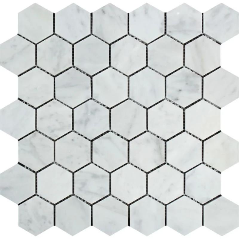 White Carrara Marble 2x2 Hexagon Honed Mosaic Tile.