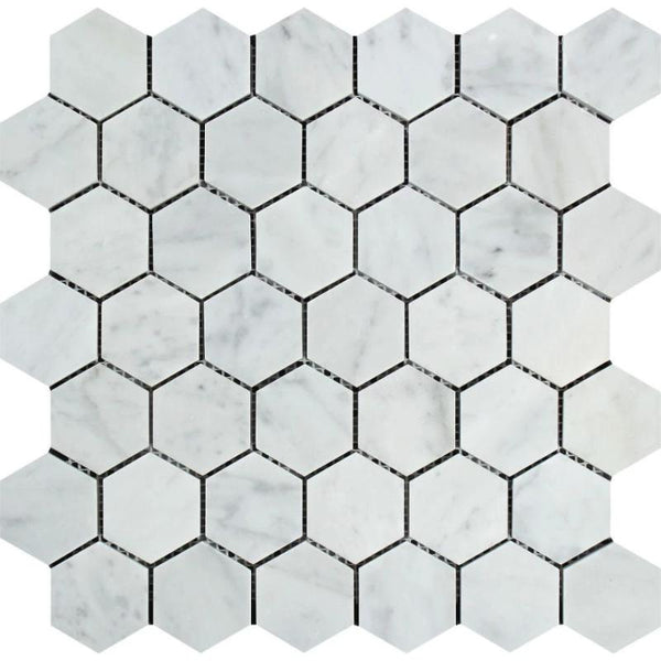 White Carrara Marble 2x2 Hexagon Polished Mosaic Tile.