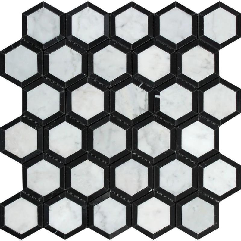 White Carrara Marble 2x2 Hexagon with Black Honed Mosaic Tile.